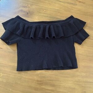 Kim Chi Blu Black Off-Shoulder Knit Ruffle Crop Top